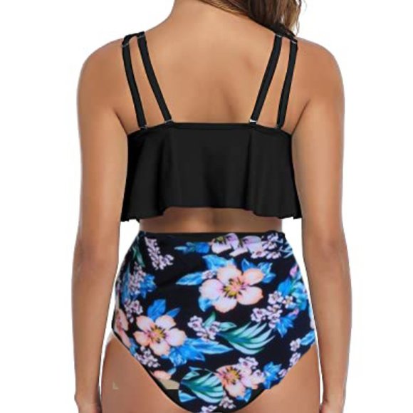 FITGLAM BLACK MULTI RUFFLE TWO PIECE SWIMSUIT - Picture 2 of 3